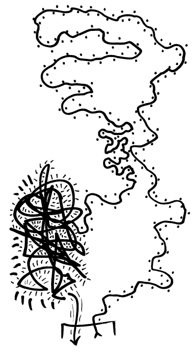 Abstract drawing of a meandering line, ending in a scribble of panic